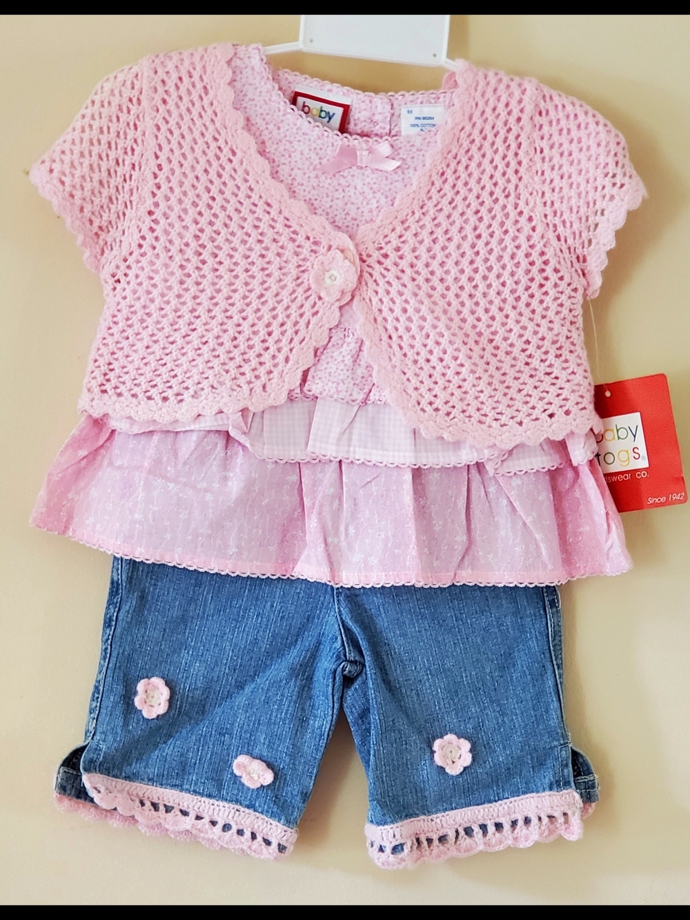 Baby Togs Pink Crochet Knit Top & Denim Pants Matching 3-pc Set